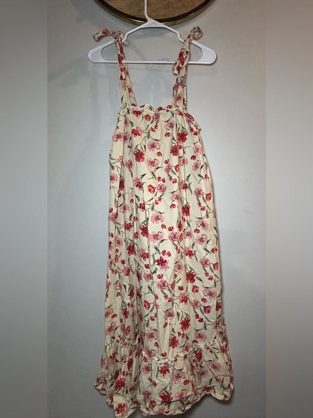 Cream Floral Maxi Dress with Pink and Red Blooms